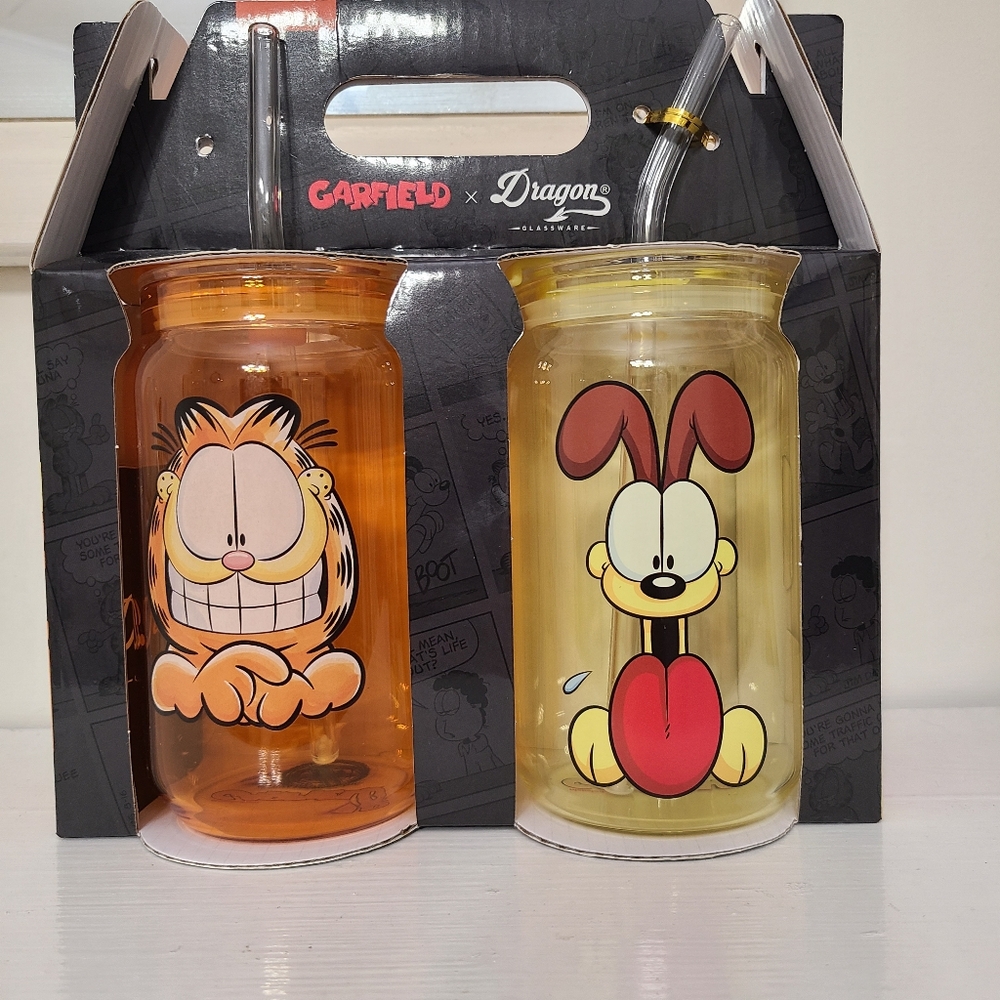 Garfield And Odie Glass Can Drinking Glasses Glass Iced Coffee Cups, Lid, Straw